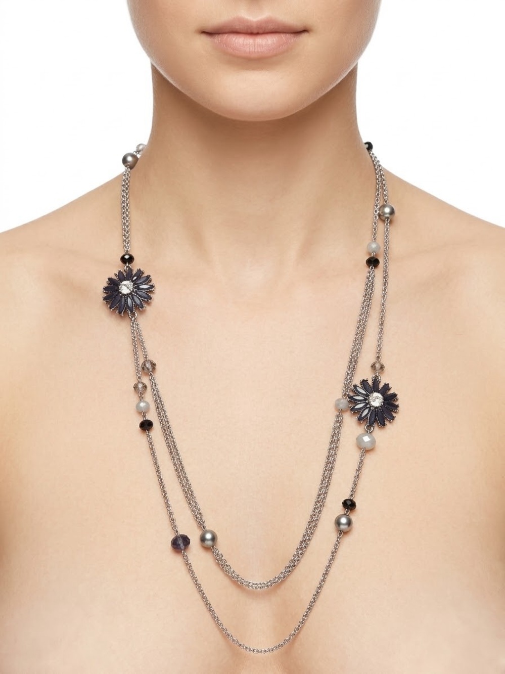 Ann Taylor Silver Multi-Strand Necklace with Navy Flower Accents